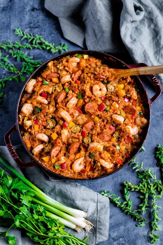 A skillet of Louisiana-style jambalaya with shrimp and andouille.