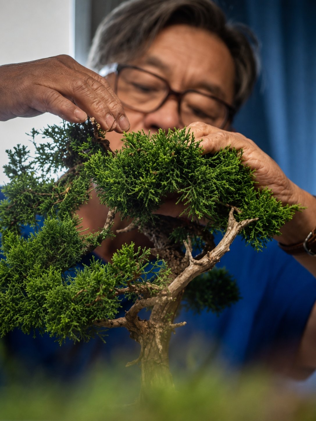 Suthin Sukosolvisit shaping the foliage pads of a juniper bonsai by hand.
