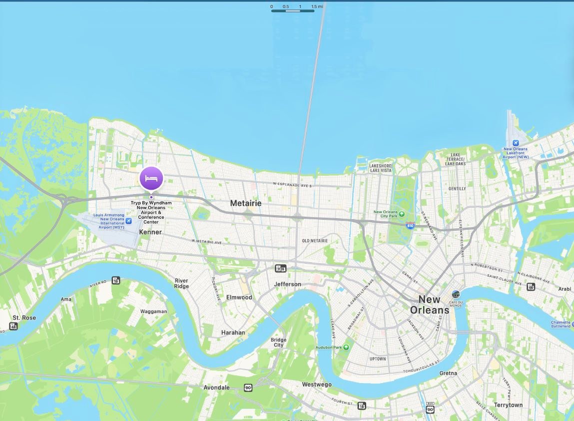Map of the greater New Orleans area showing the Wyndham's location in Kenner.