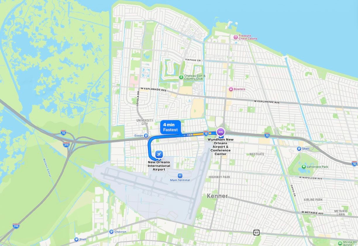 Driving directions from Louis Armstrong International Airport to the Wyndham, about four minutes.