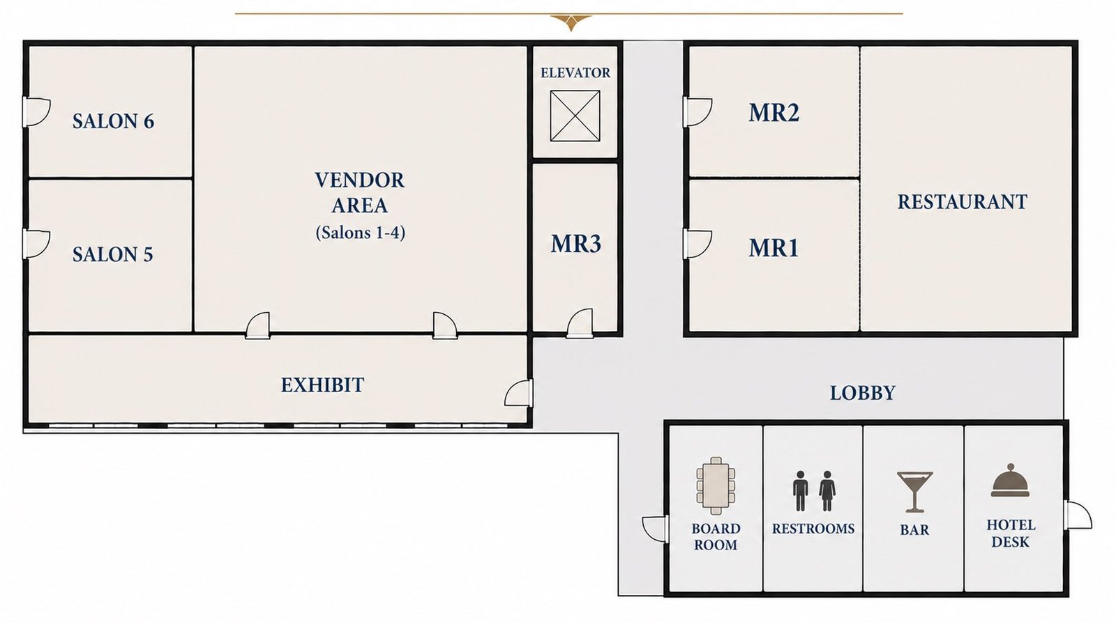 Floor plan of the Wyndham's meeting and event spaces, showing Salons 5 and 6, the vendor area, meeting rooms 1 through 3, the restaurant, lobby, and board room.