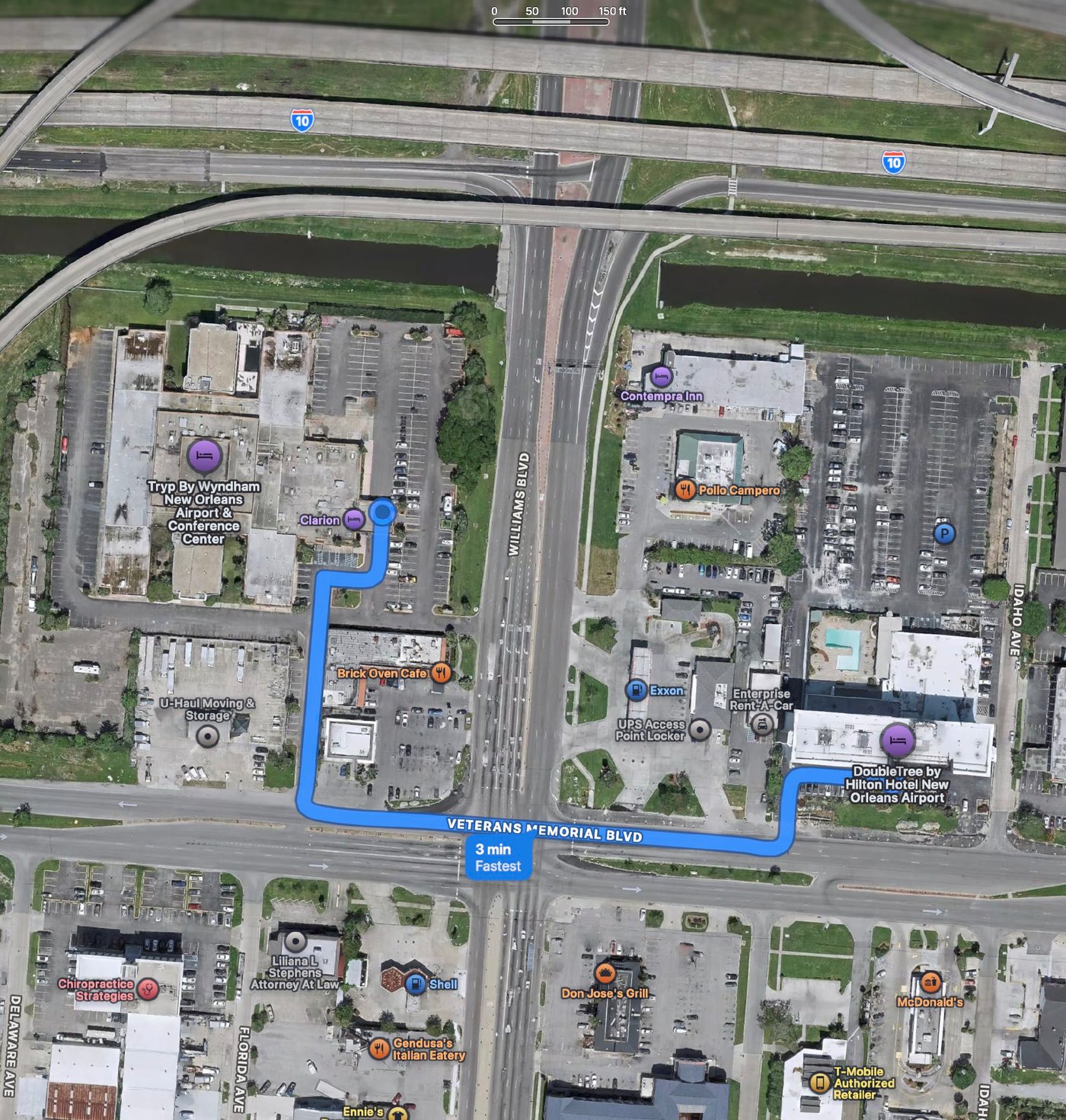Driving route from the Wyndham to the DoubleTree by Hilton Hotel New Orleans Airport, about three minutes via Veterans Memorial Blvd.