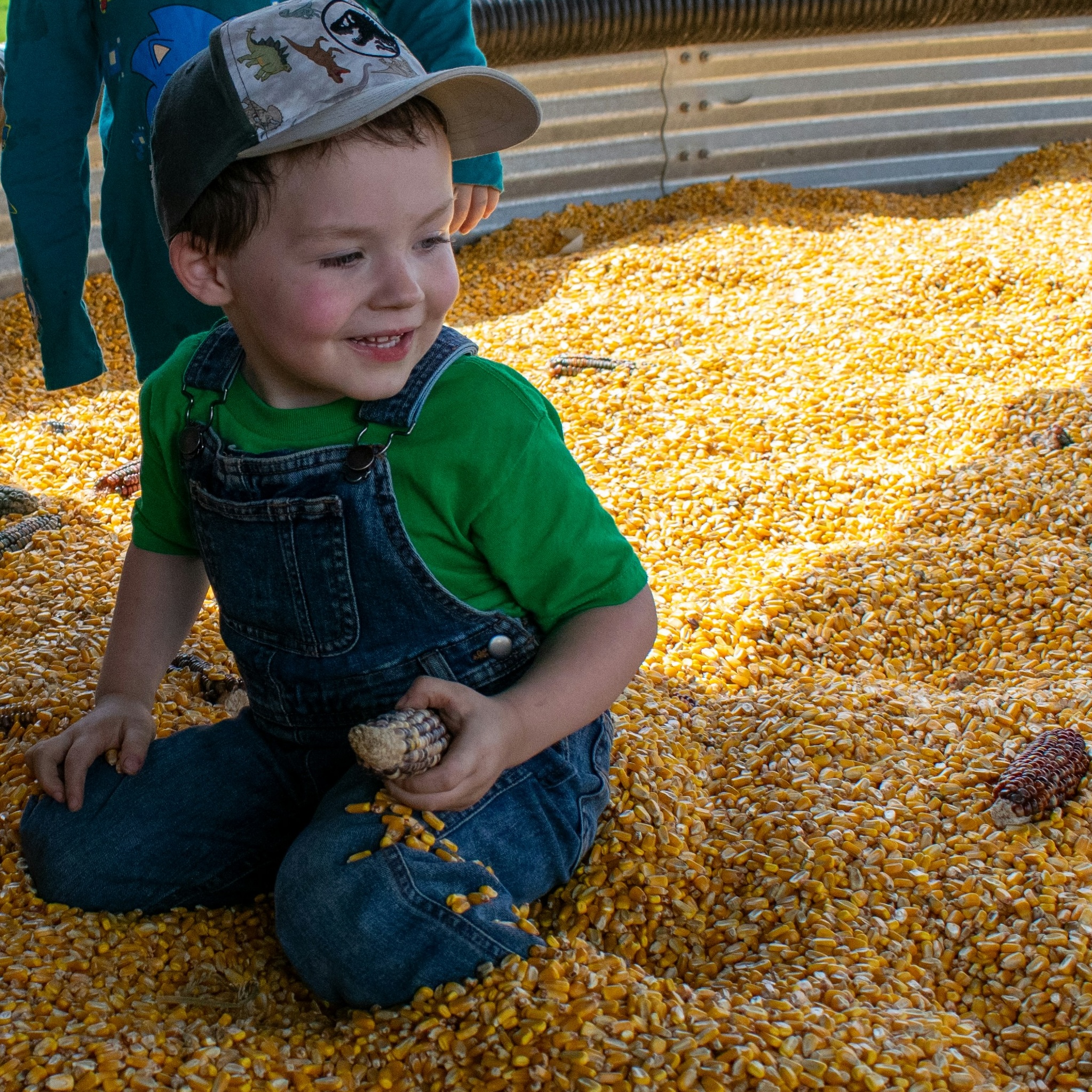 Child playing in the giant corn pit