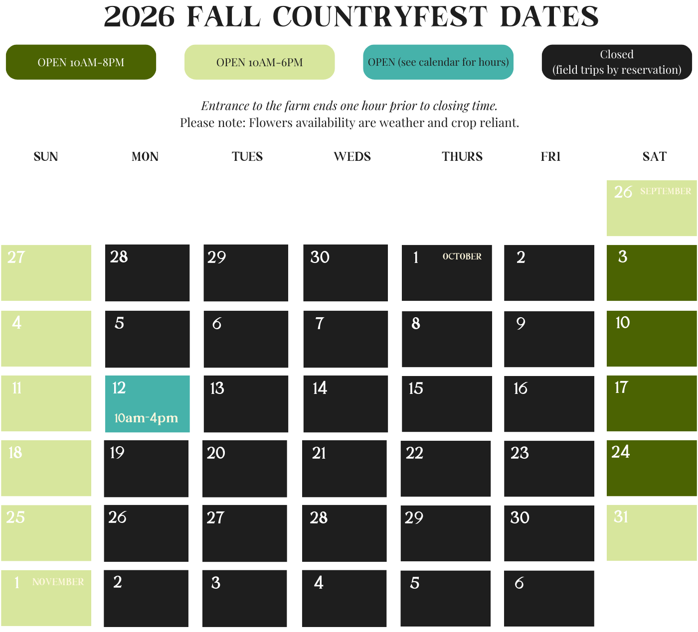 2026 Fall CountryFest dates and operating hours